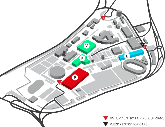 Mapa areálu Výstaviště Brno — pavilony P (Gaming), F a V (Sport), E (Tanec) s vyznačenými vstupy pro pěší a vjezdy pro auta
